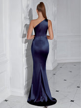 One Shoulder Ruched Split Satin Prom Dress